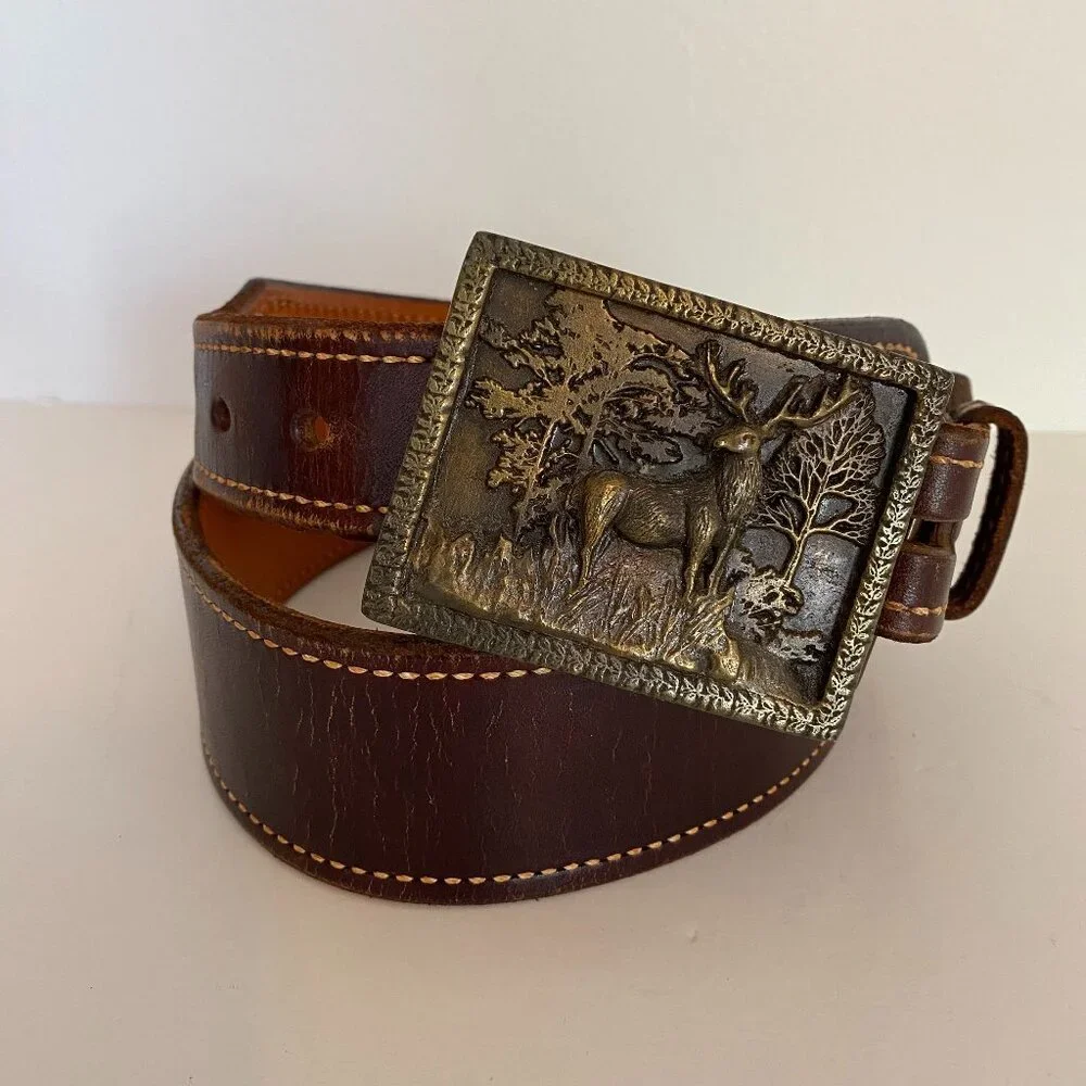 Adezy Denver 1975 Buck Deer Belt Buckle Brown Leather Belt 36